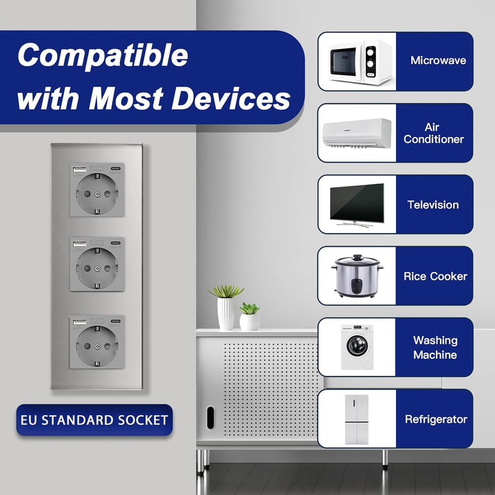 BSEED Triple Schuko Wand Steckdose mit USB & Typ C Glas 3 in 1 Unterputz Steckdosen 3 Weg mit 2.1 A