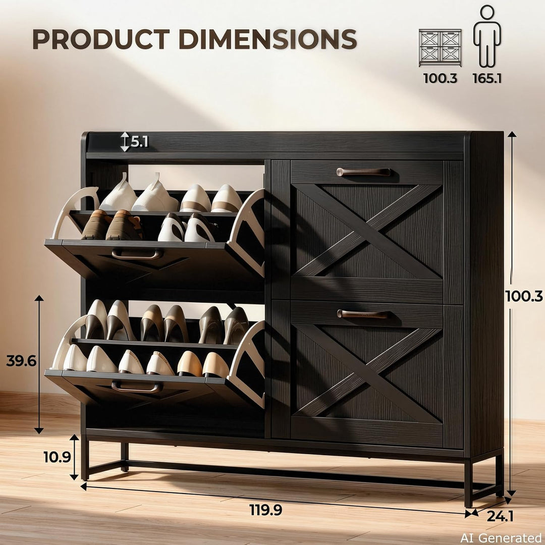 Schuhschrank 4 Klappen, 120x100x24 cm, stabilem Metallfuss, Schwarz | verstellbare Schuhablage für 1