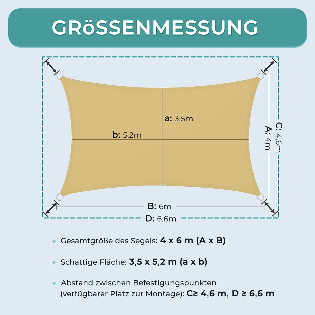 Dripex Sonnensegel wasserdicht Sonnenschutz Set 4X6 m inkl Befestigungsseile Rechteckig Polyester Im