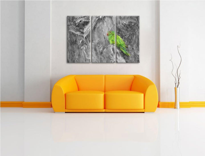 schöner Papagei im Gehölz schwarz/weiss Spezial 3-Teiler Leinwandbild 120x80 Bild auf Leinwand, XXL