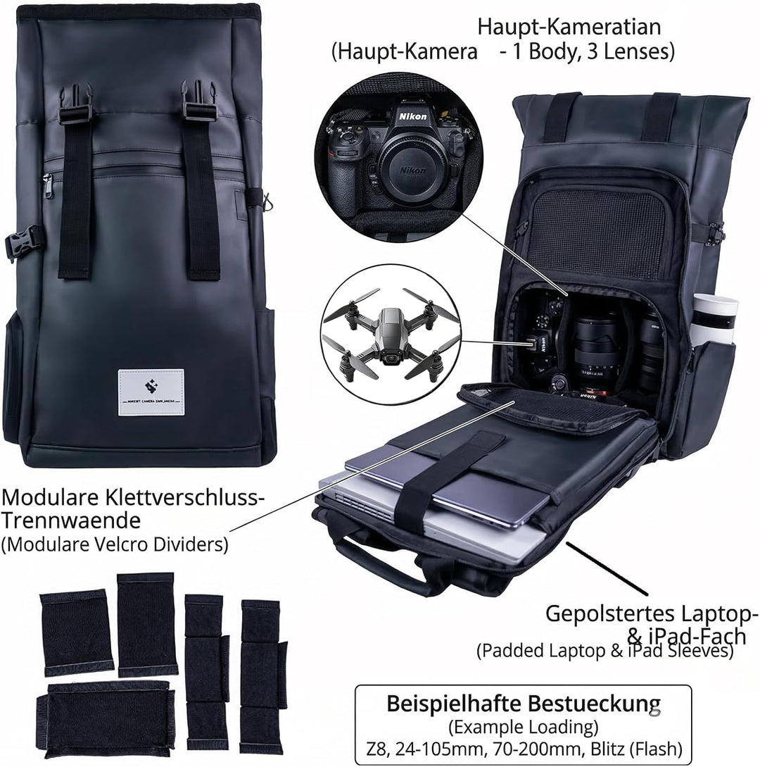 Kamerarucksack wasserdicht mit Trinksystem | Modularer Fotorucksack für Stativ | Schneller Kamera-Zu