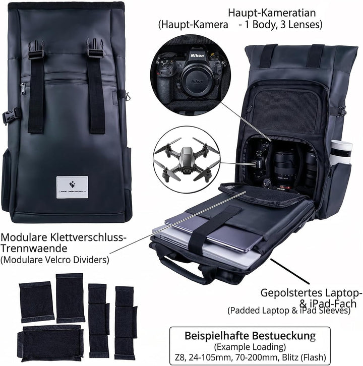 Kamerarucksack wasserdicht mit Trinksystem | Modularer Fotorucksack für Stativ | Schneller Kamera-Zu