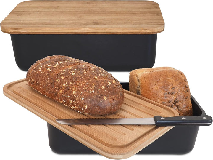 Gadgy Brotkasten Bambus - Brotdose mit Schneidebrett und Deckel - Brotkasten Schwarz - Luftdicht, Fr