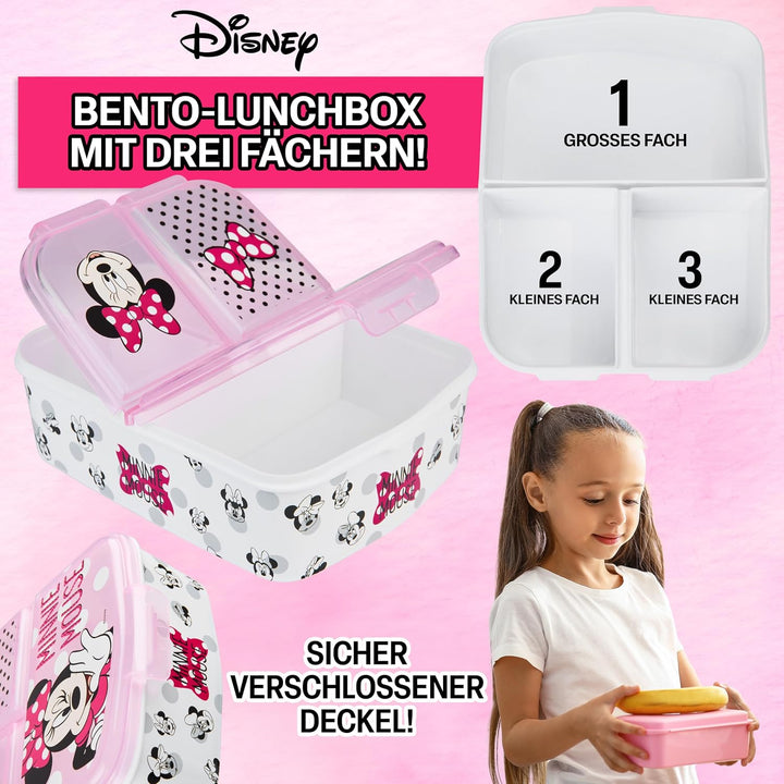 Disney Minnie Mouse Kinder Lunchbox mit Fächern und Wasserflasche für Schule und Ausflüge (Rosa), Ro