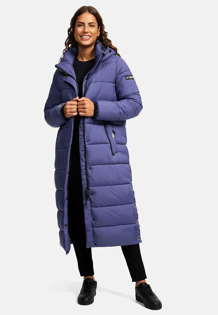 Navahoo Damen Wintermantel Warmer Steppmantel lang mit Abnehmbarer Kapuze Isalie XS-XXL XS Blue Viol
