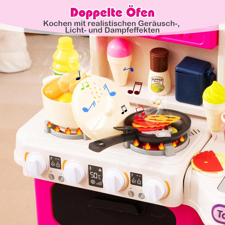 COSTWAY Kinderküche mit 95 Zubehör, Spielküche mit Licht, Sound & Dampf, Kinder Küche mit Kochherd,