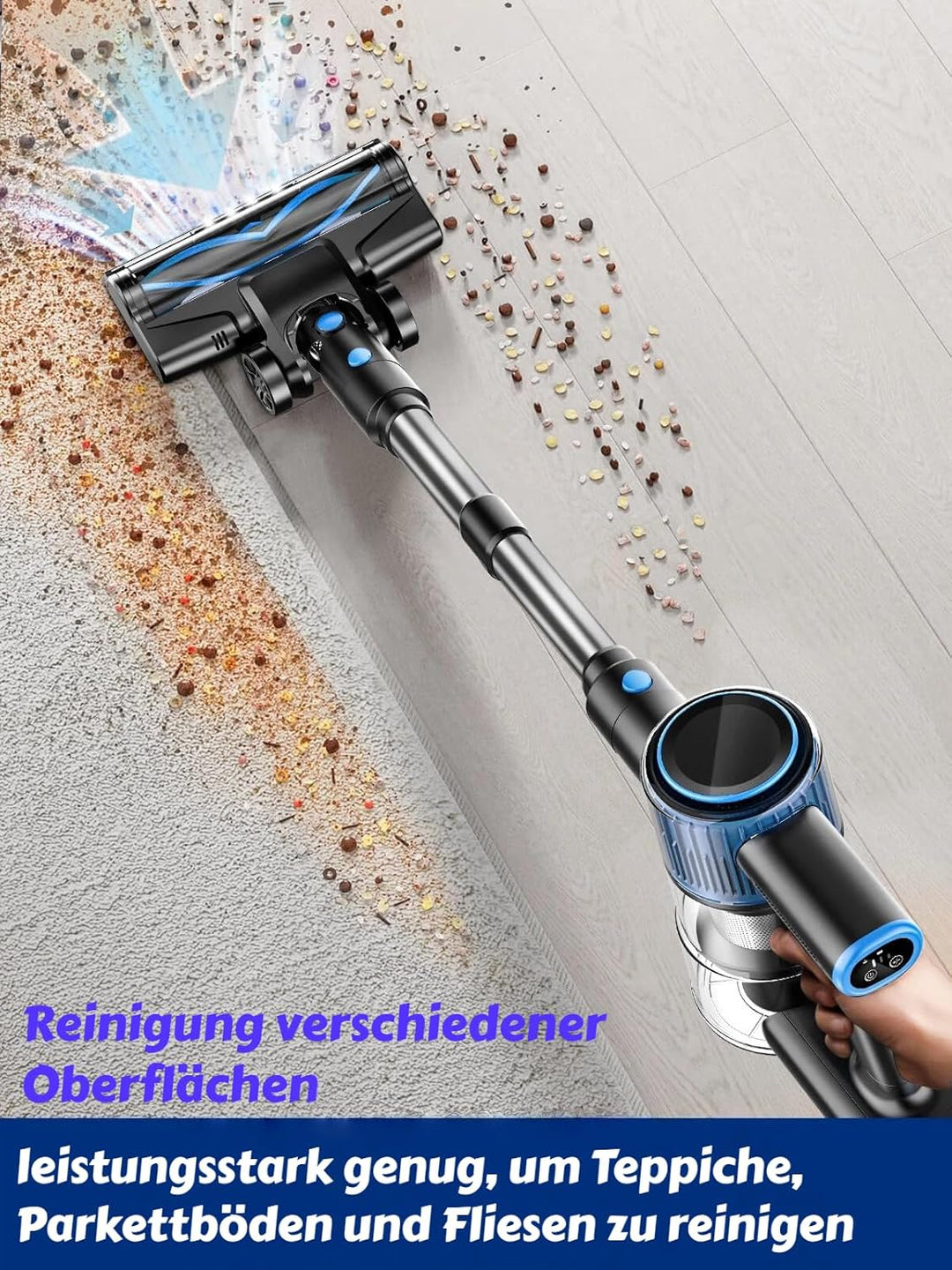 Akku Staubsauger 45KPa/400W/45Mins, Staubsauger Kabellos mit Selbststehende, Anti Tangle Bürste, für