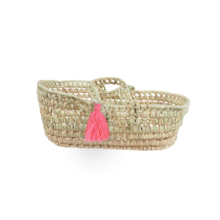 Kikadu grosser Puppenkorb aus Palmblatt, handgeflochtene Puppentragetasche in Pink, 40 x 18 x 17 cm,