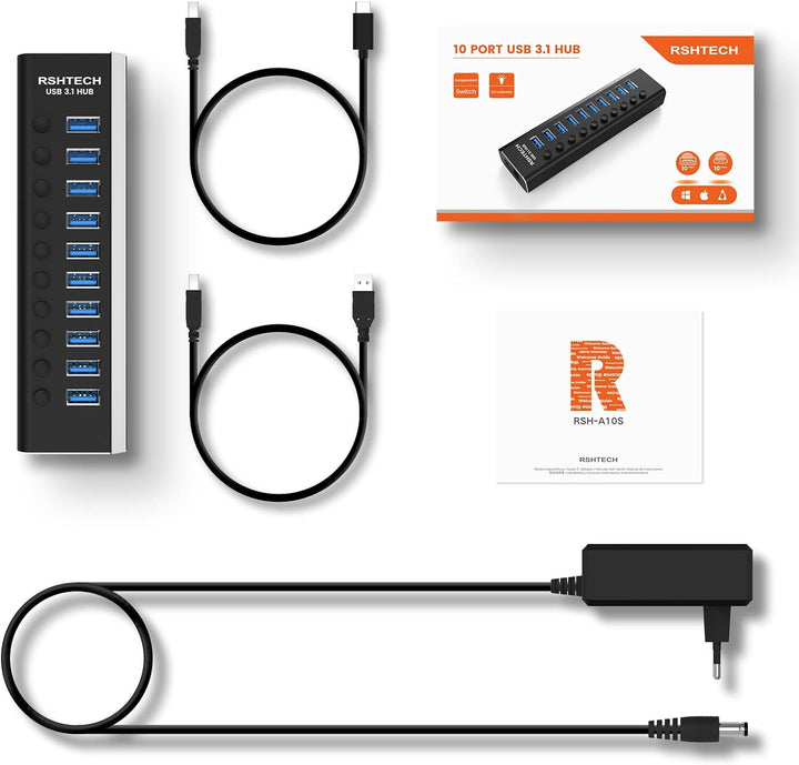RSHTECH USB 3.1 Hub mit Netzteil 36W, mit 10*10Gbps USB 3.2-Port Aluminium USB Hub 3.2 Gen2 Aktiv mi