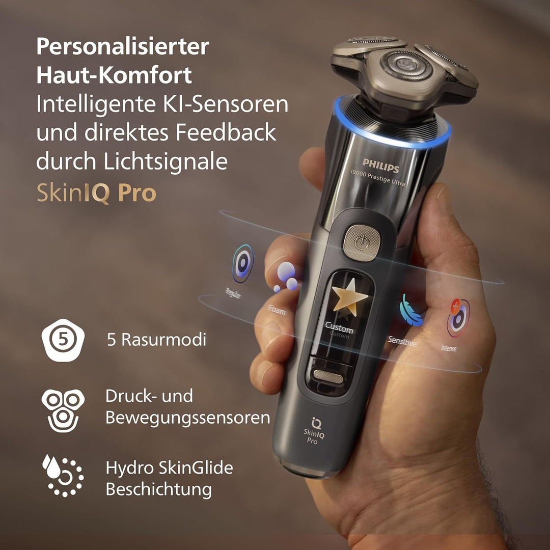 Philips Rasierer i9000 Prestige Ultra, Nass- und Trockenrasierer für Herren, dunkelgrau, Druck- und