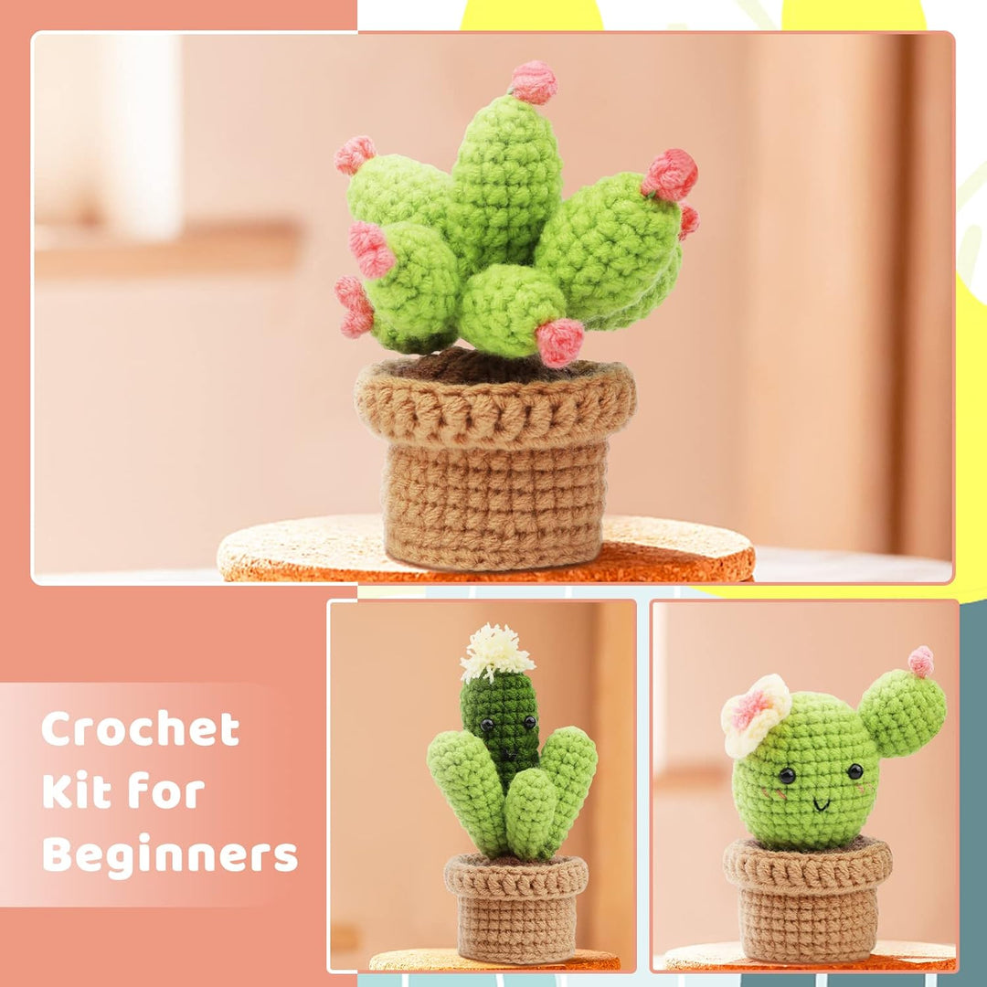 Boriad Häckel Kit für Anfänger,3 Cactus Stricken für Anfänger set,Crochet Set mit Häkelanleitung für