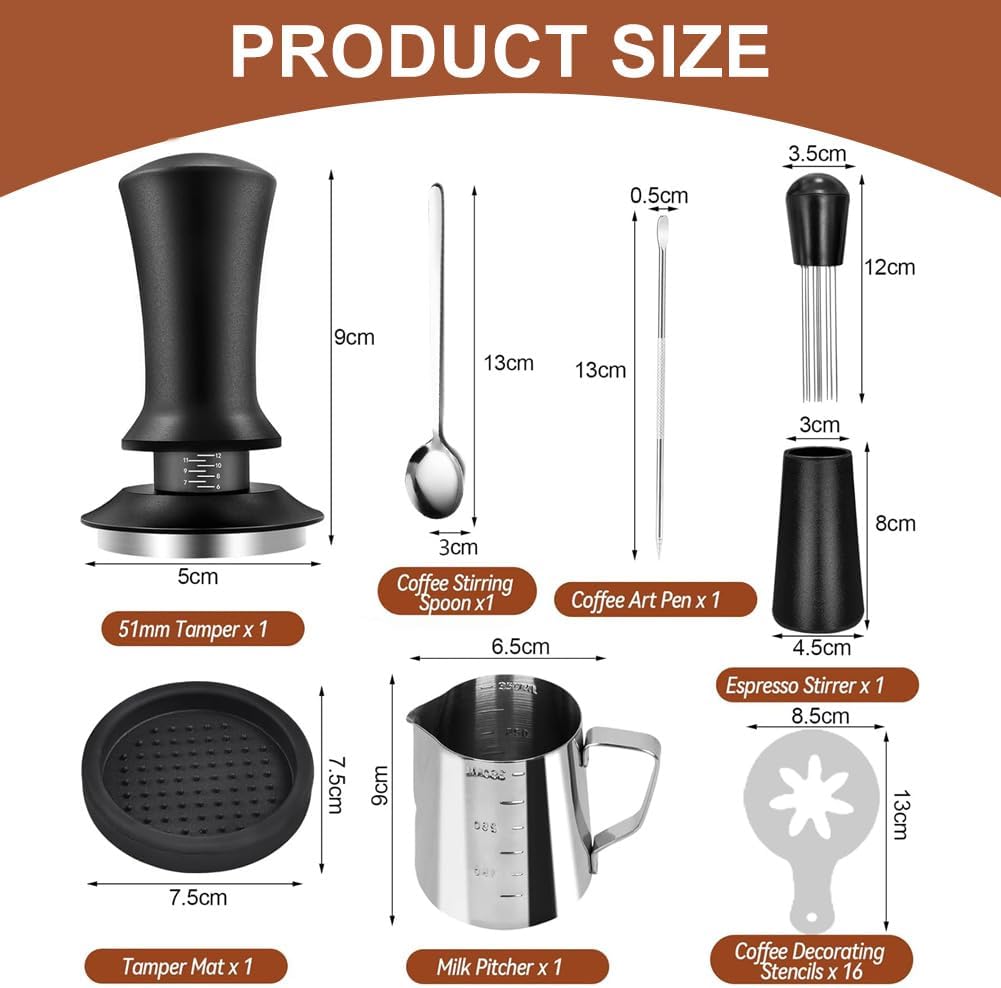 51mm Kaffee Tamper Set, 22pcs Espresso Tamper Set, Barista Set mit Espresso Tamper, Kaffeerührer, Rü