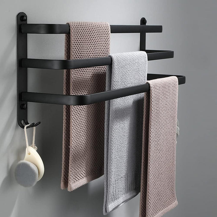 Handtuchhalter, Aluminium Handtuchregal, Wandmontage 3-Stöckig Handtuchstange mit Haken 80CM Schwarz