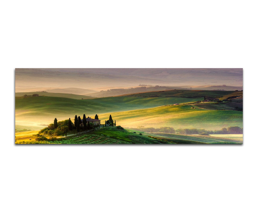 Paul Sinus Art Panoramabild auf Leinwand und Keilrahmen 150x50cm Toskana Landschaft Weinberge Wiesen