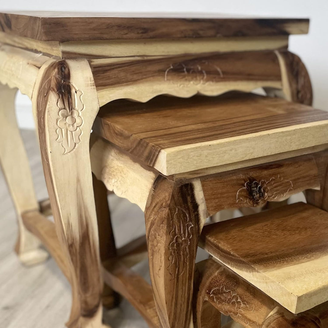 livasia Hoher Opiumtisch im 3er Set | Massivholz Beistelltisch | Asiatische Blumenhocker | Couchtisc