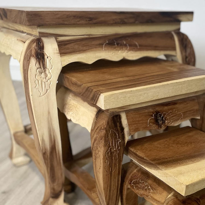 livasia Hoher Opiumtisch im 3er Set | Massivholz Beistelltisch | Asiatische Blumenhocker | Couchtisc