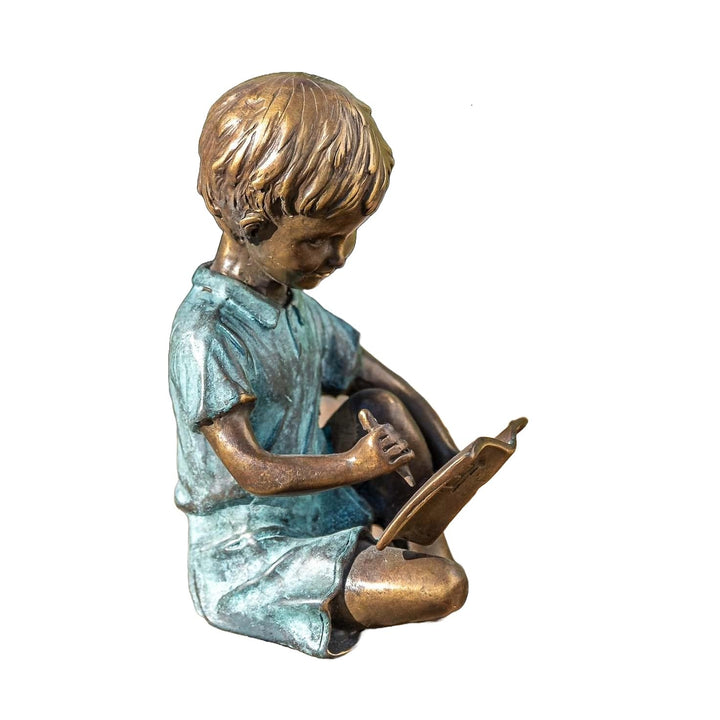 IDYL Bronze-Skulptur Kind Junge mit Buch|15x10x8 cm | Kinderfigur aus Bronze | Gartenskulptur oder W