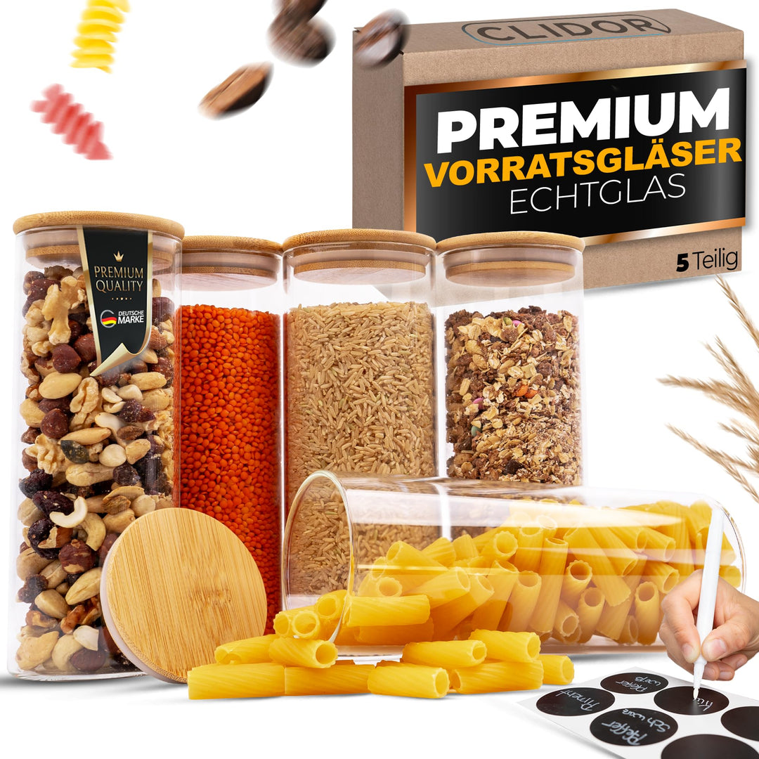 Vorratsgläser mit Deckel, Rund - 5x 850ml, Erhöhte Glasstärke, Vorratsdosen mit Deckel luftdicht, Au