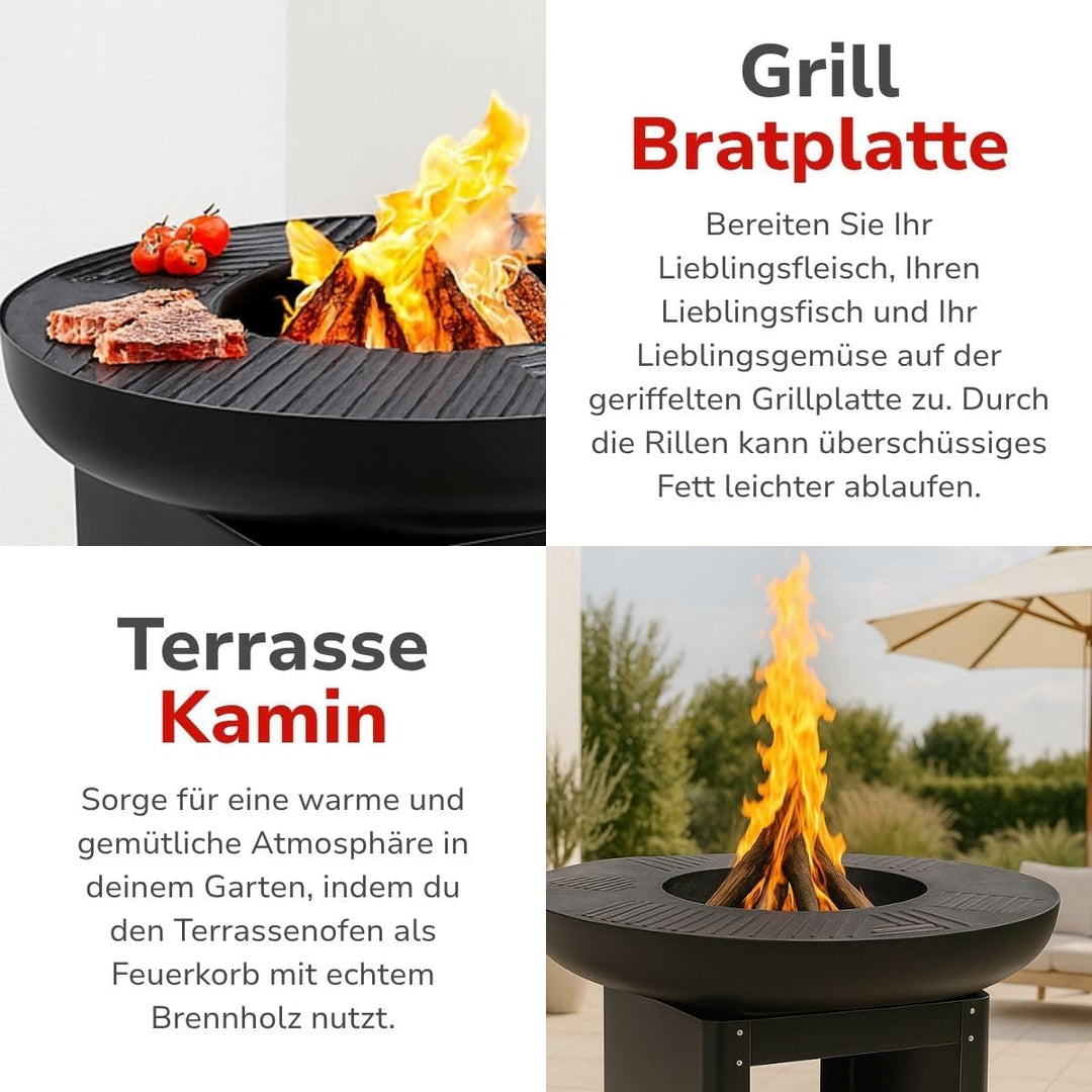 alpina 3-in-1 Feuerstelle und Grillplatte - Gartenkamin 61 x 90 cm - mit Teppanyaki-Grillplatte - Pl