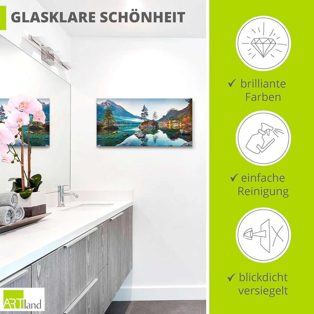 Glasbilder Wandbild Glas Bild einteilig 60x30 cm Querformat Landschaft Alpen Berge See Wald Natur Ge
