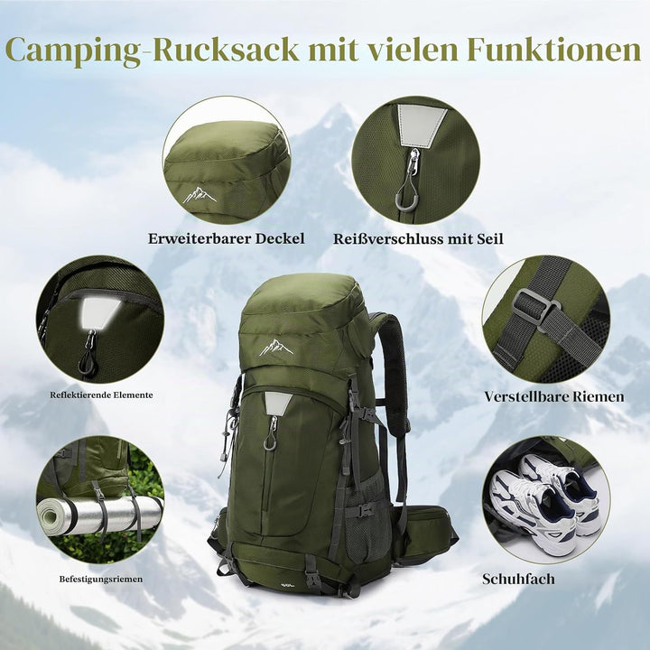 Wanderrucksack Wasserdicht 60L, Leichter Campingrucksack Sportlicher Reiserucksack Trekkingrucksack