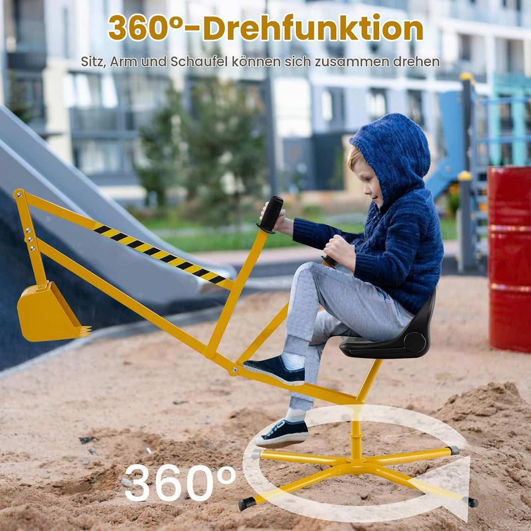 DREAMADE Kinder Bagger für Sandkasten, Metallbagger mit 360° drehbarem Sitz, Flexibler Schaufel, erg