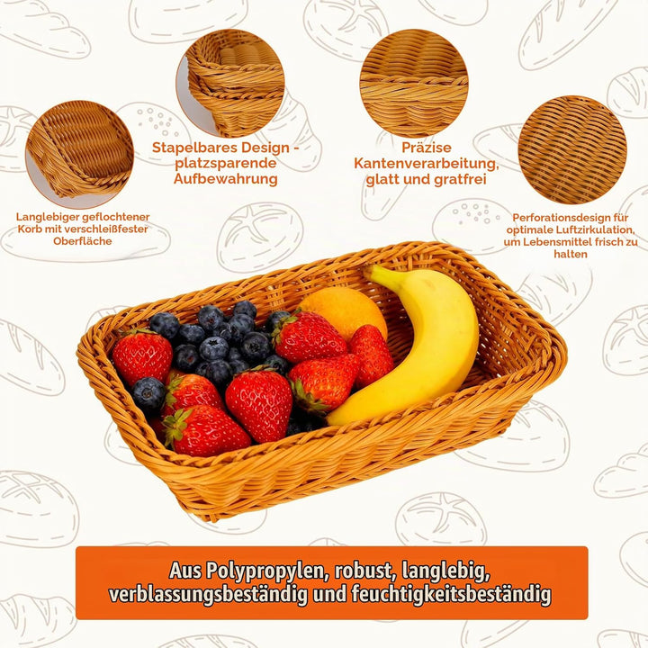 3er Set Brötchenkorb Rechteckig, 30 x 20 x 7 cm Hochwertiger Geflochten Brotkorb Geschenkkorb Leer f