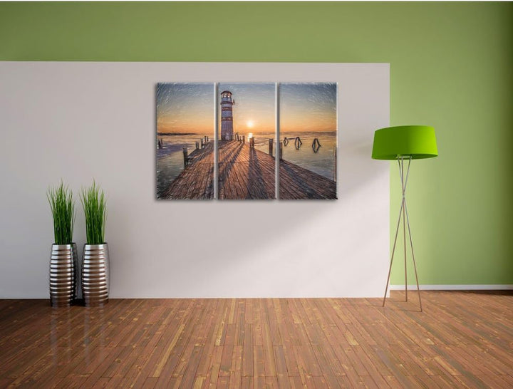 Pixxprint Leuchtturm am Steg als Leinwandbild/Grösse: 3 Teilig (120x80 cm) cm/Wandbild/Kunstdruck/fe
