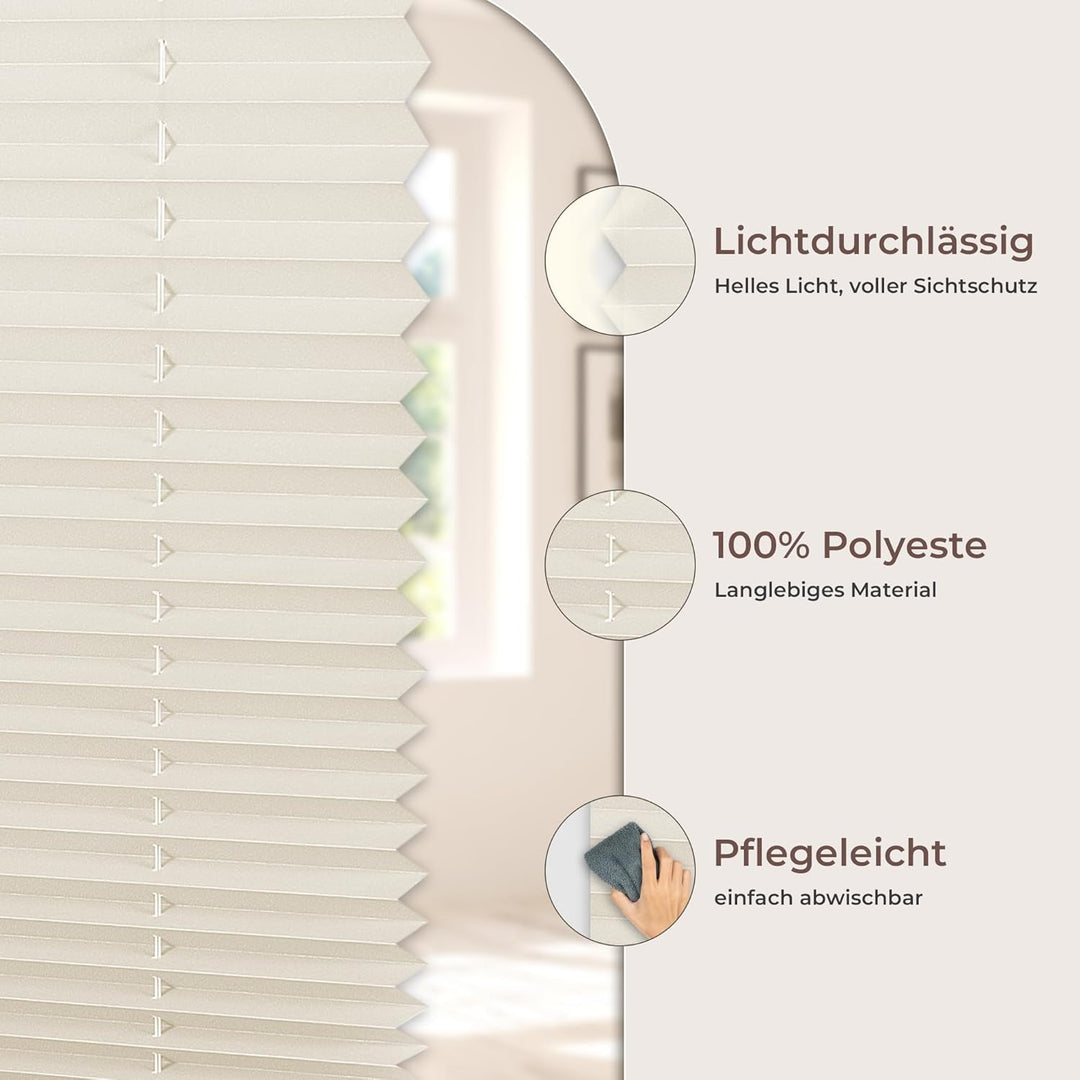 Allesin Plissee ohne Bohren Plissees Klemmfix, Beige 80 x 40cm (L x B), Plisseerollo Faltrollo mit K