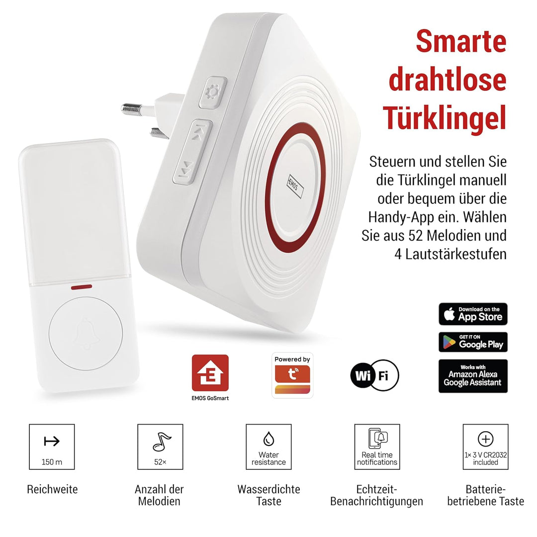EMOS GoSmart - Smart Home Funkklingel/Türklingel Set mit App - WiFi - kabellos, 52 Melodien, 150m Re