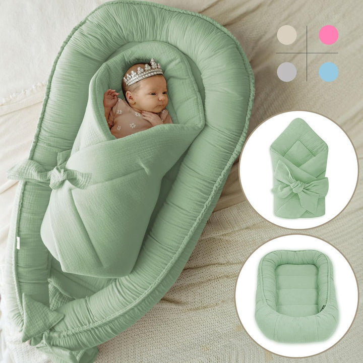 PALULLI® Set 2in1 Babynest und Einschlagdecke, 100% Musselinn, Baby Nestchen Set, Babynestchen - Bab