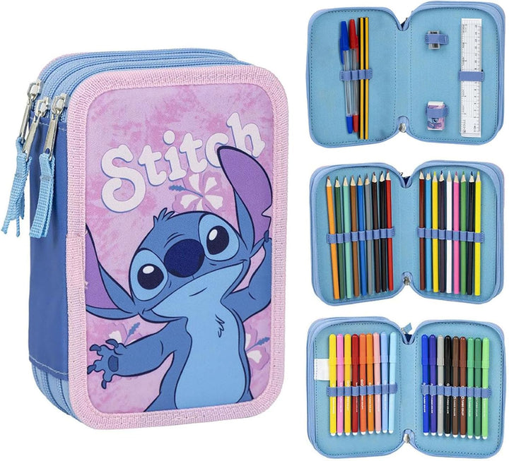 Federmäppchen 3-Fach – 44-teilig gefüllt – für Stitch Fan – mit Filzstiften, Buntstiften, Lineal – R