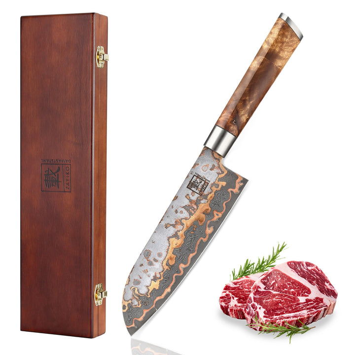 zayiko MysticMagma Damastmesser Santoku I Chefmesser mit 17,5 cm Klinge gefertigt aus 67 Lagen Damas