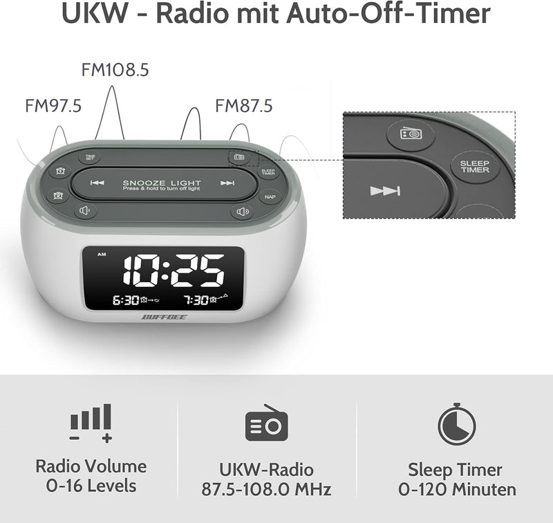 BUFFBEE Radiowecker mit 7-Farben-Nachtlicht, Doppelalarm, Schlummerfunktion, Dimmer, USB-Ladegerät,