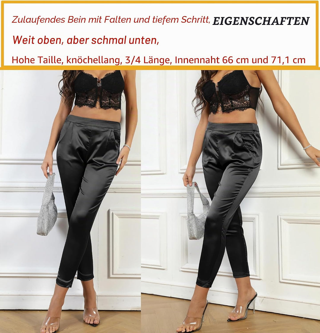 Heipeiwa Damen Satin-Hose, lässig, plissiert, hohe Taille, Hose mit Taschen Schwarz S, Schwarz S