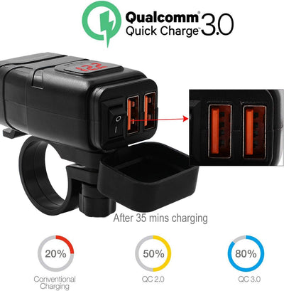 Kriogor Dual USB Motorcycle Car Charger, 3.0 Quick Charger and 6-30 V LED Voltmeter with Independent