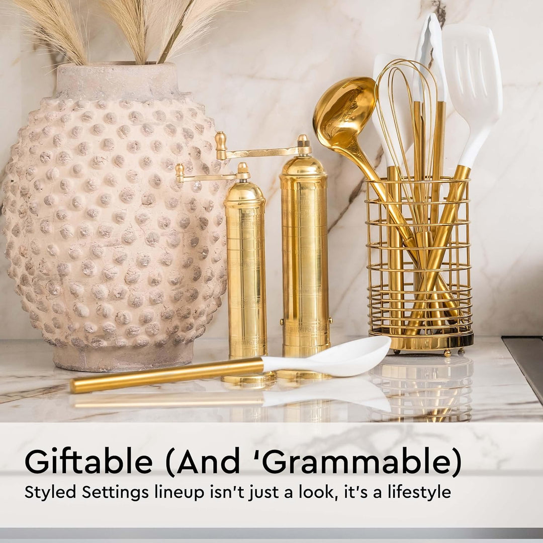 White Silicone and Gold Cooking Utensils Set with Gold Utensil Holder: 17PC Set Includes White &amp; Gol
