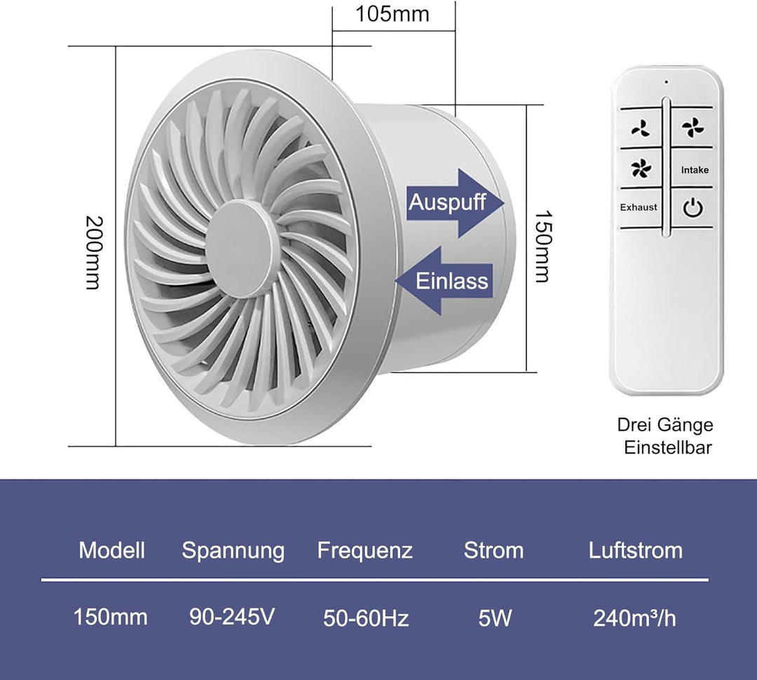 150mm Abluftventilator 240m³/h 5W, Zwei-Wege-Umkehrventilator mit 3 Geschwindigkeiten einstellbar, R