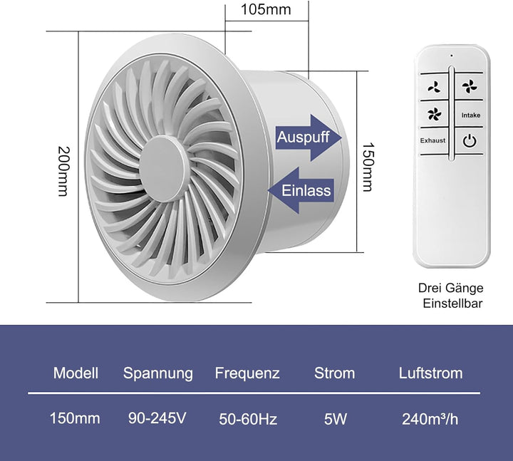 150mm Abluftventilator 240m³/h 5W, Zwei-Wege-Umkehrventilator mit 3 Geschwindigkeiten einstellbar, R