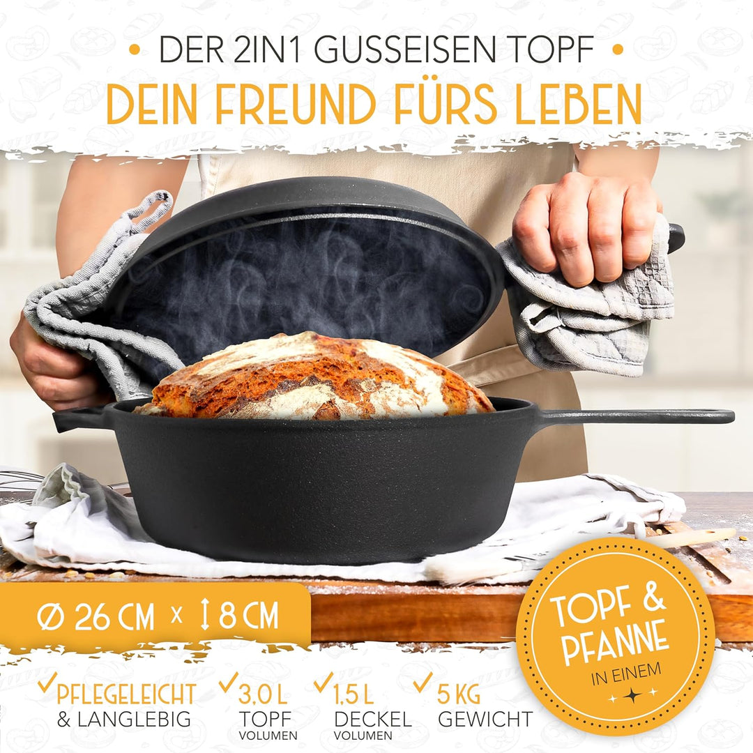 KRUSTENZAUBER 26cm Gusseisen Topf Brot Backen inkl. Gärkorb - Robuster Brottopf zum backen - Ideale