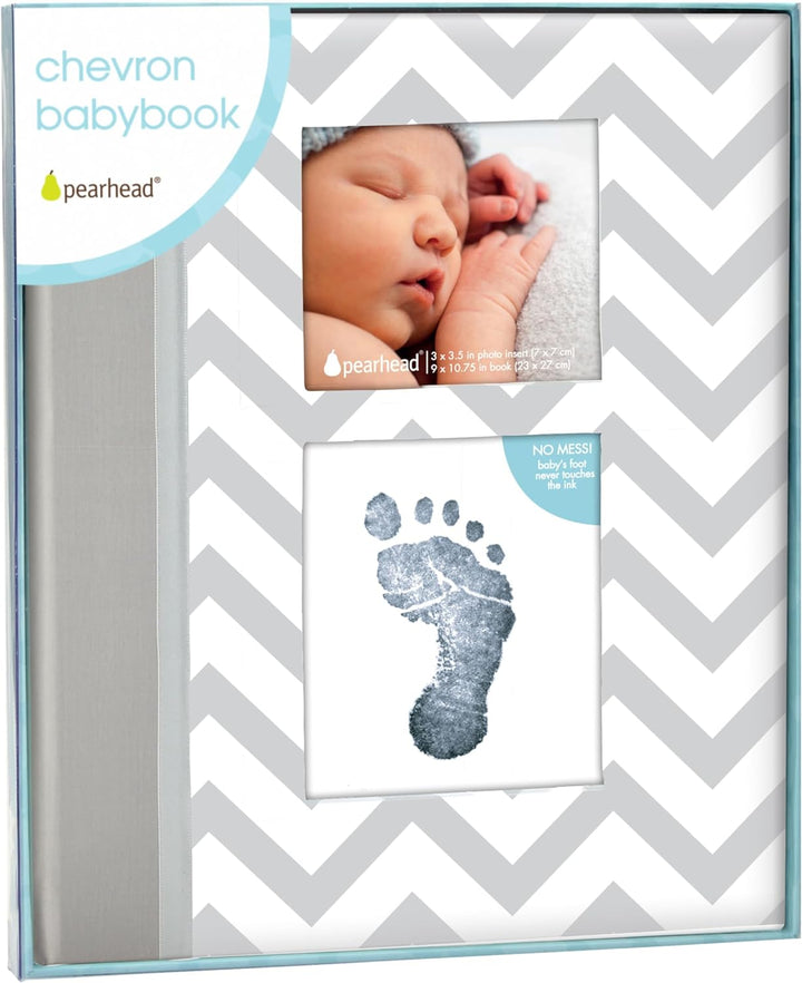 Pearhead P62200 Chevron Babybuch mit Clean Touch Stempelkissen, grau (Texte auf Englisch), 1 Stück (