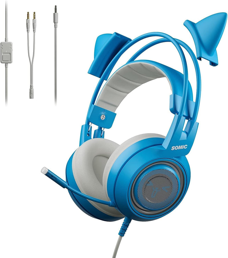 Somic G951S Blau Gaming-Headset mit Mikrofon, Mädchen Frauen Blau Katze Ohr-Kopfhörer mit 3,5-mm-Kab