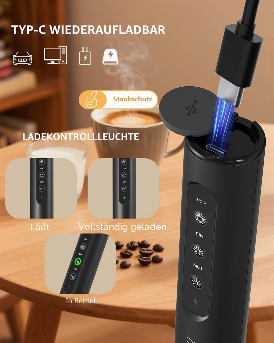 CIRCLE JOY Wiederaufladbarer Handmilchaufschäumer mit 3 Geschwindigkeitsstufen, 3 Schneebesen und Au