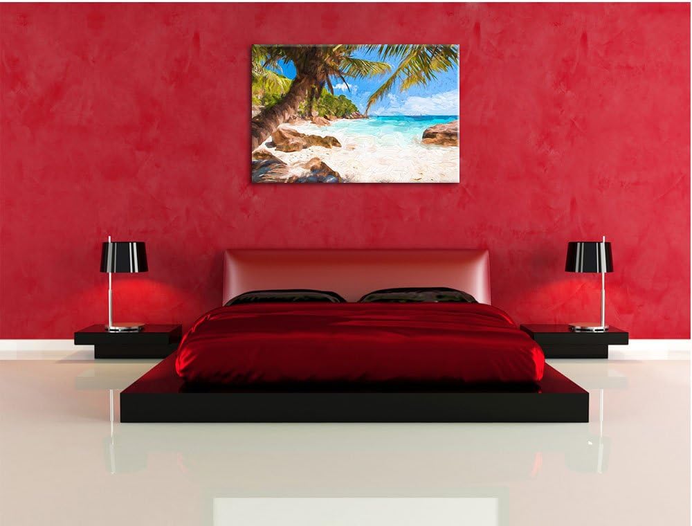 Pixxprint Palmenstrand Seychellen Kunst / 100x70cm Leinwandbild bespannt auf Holzrahmen/Wandbild Kun
