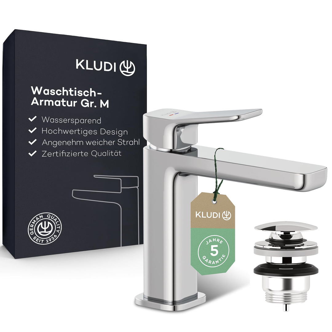 KLUDI-X3 Waschtischarmatur mit Push-Open Ablaufgarnitur, Auslaufhöhe 110 mm, wassersparender Wasserh