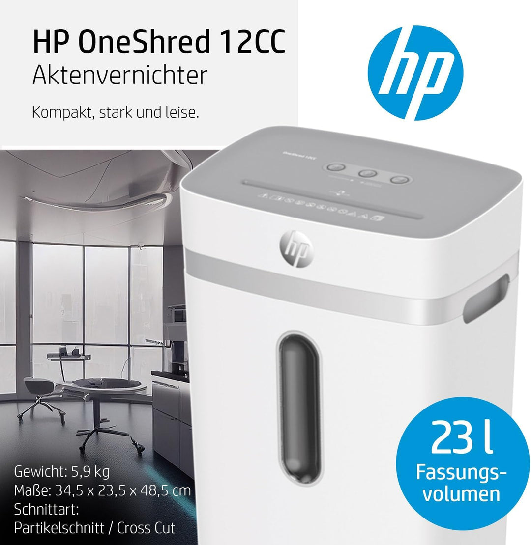 HP OneShred 12CC, Aktenvernichter, Sicherheitsstufe P-4, Cross Cut, 12 Blatt, 2802 weiss 12 Blatt Cr