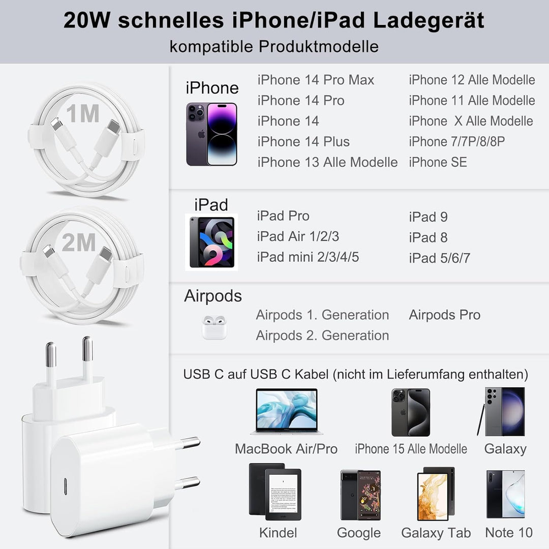 2 Pack 20W Schnellladegerät und Schnellladekabel für iPhone , Ladegerät mit iPhone Ladekabel 2M und