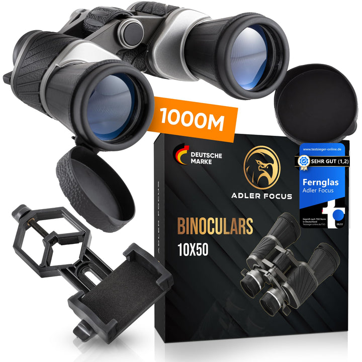 Adler Focus Fernglas 10x50, Testsieger für Erwachsene, Eagle-Eye-Technologie, 22mm HD Augenmuschel,