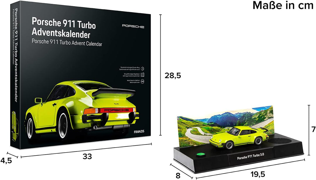 FRANZIS 55109 - Porsche 911 Turbo Adventskalender lichtgrün, Metall Modellbausatz im Massstab 1:43,