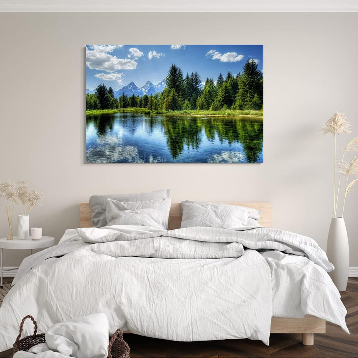 Printed Paintings Leinwand (60x40cm): Landschaftsbilder grüner Wald, dahinter Berge, Spiegelung i 60